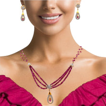 18K Two Tone Gold Necklace Earring Set with Natural Diamond,Pink Tourmaline & Rhodolite Jewellery