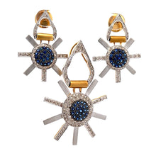 18K Two Tone Gold Pendant Earring Set with Natural Diamond & Blue Sapphire Precious Sun Rays Jewelry