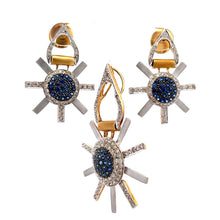 18K Two Tone Gold Pendant Earring Set with Natural Diamond & Blue Sapphire Precious Sun Rays Jewelry