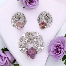 18K White Gold Pendant Earring Set with Natural Diamond & Carved Fancy Amethyst Jewellery