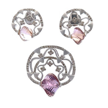 18K White Gold Pendant Earring Set with Natural Diamond & Carved Fancy Amethyst Jewellery