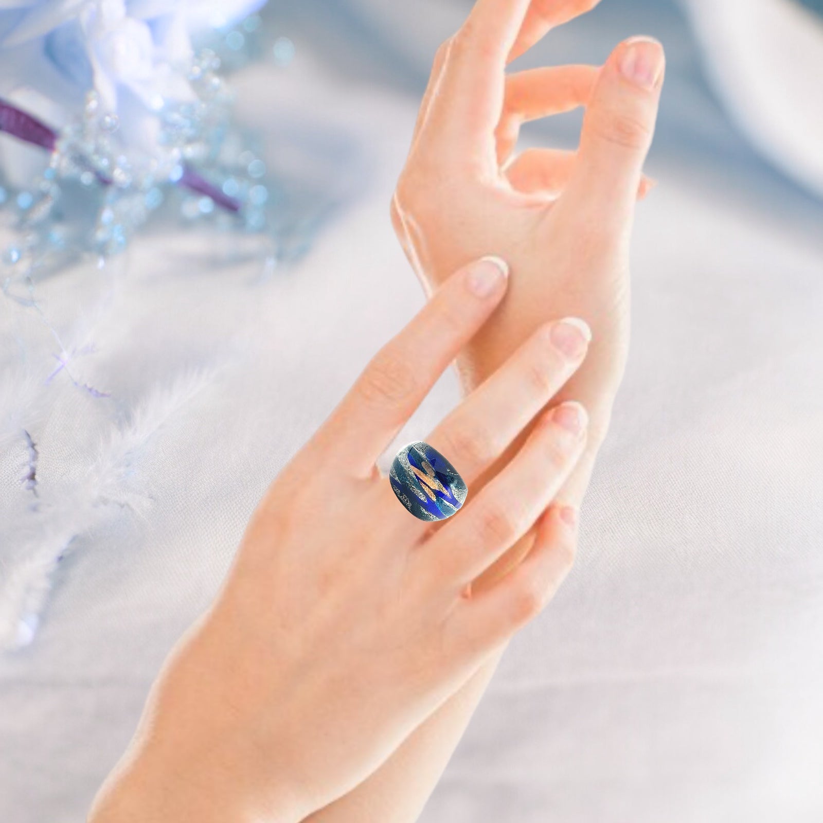 Handmade Glass Acrylic Ring Aqua Fusion Celestial Infinity Band