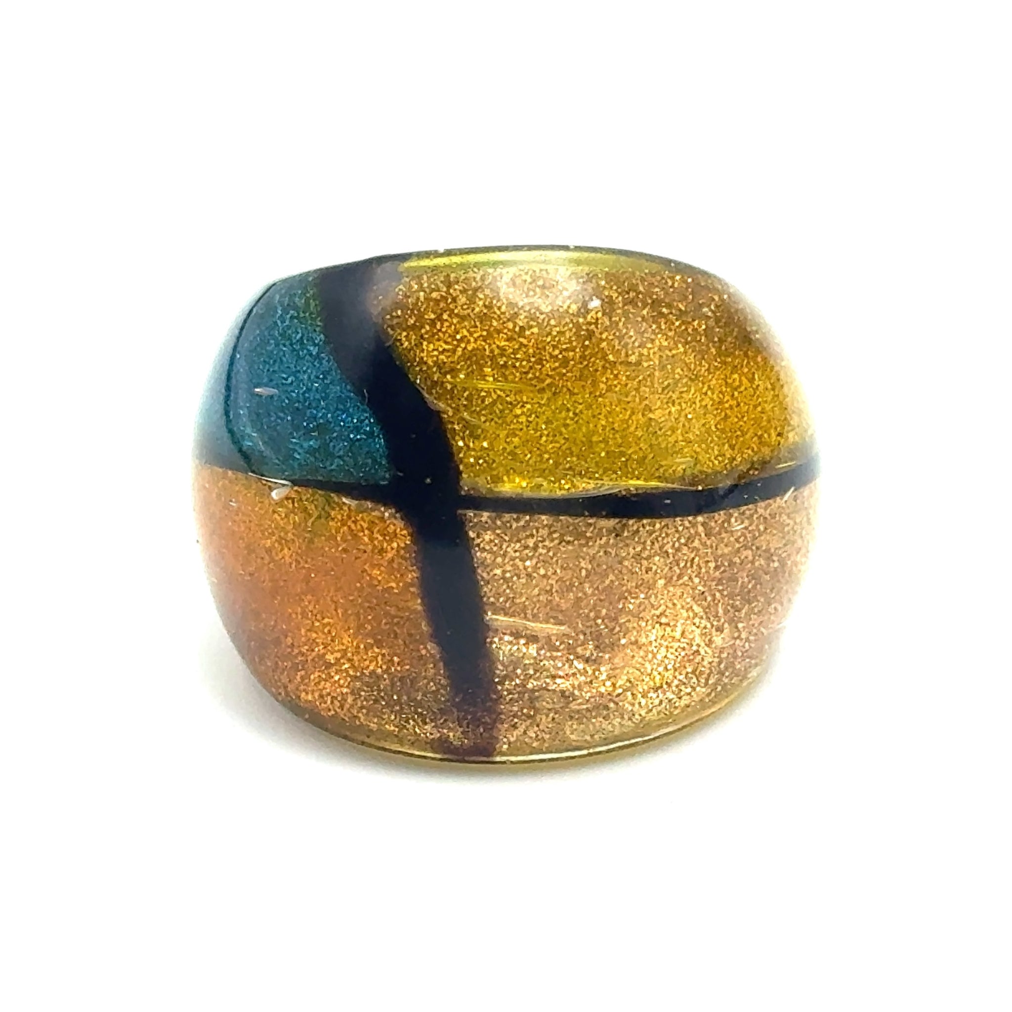 Handmade Glass Acrylic Ring Elegance Golden Aqua Fusion Infinity Band