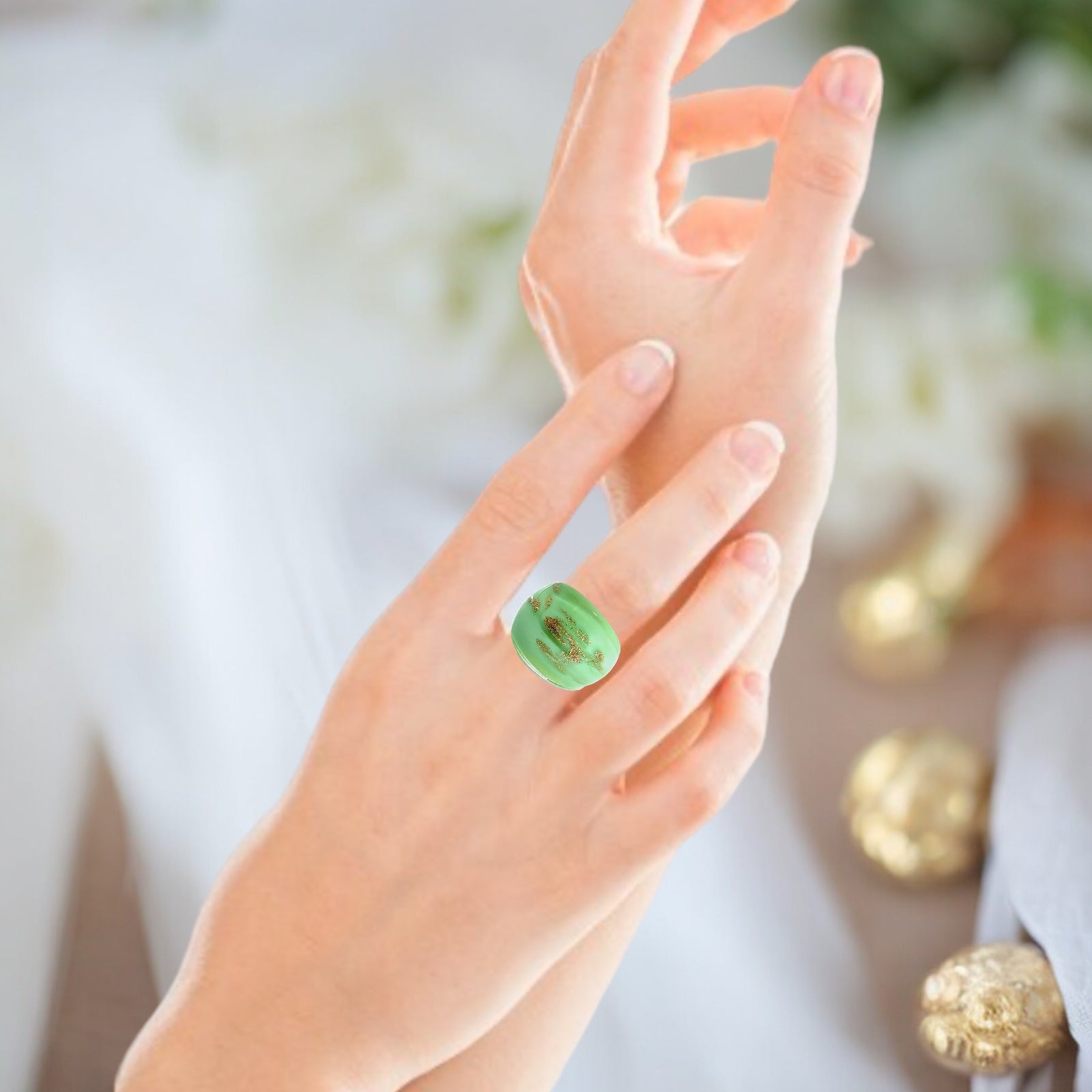 Handmade Glass Acrylic Ring Sparkled Mint Golden Elegance Infinity Band