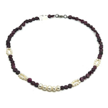 Natural Garnet 6mm Button & Pearl Plain Gemstone Necklace