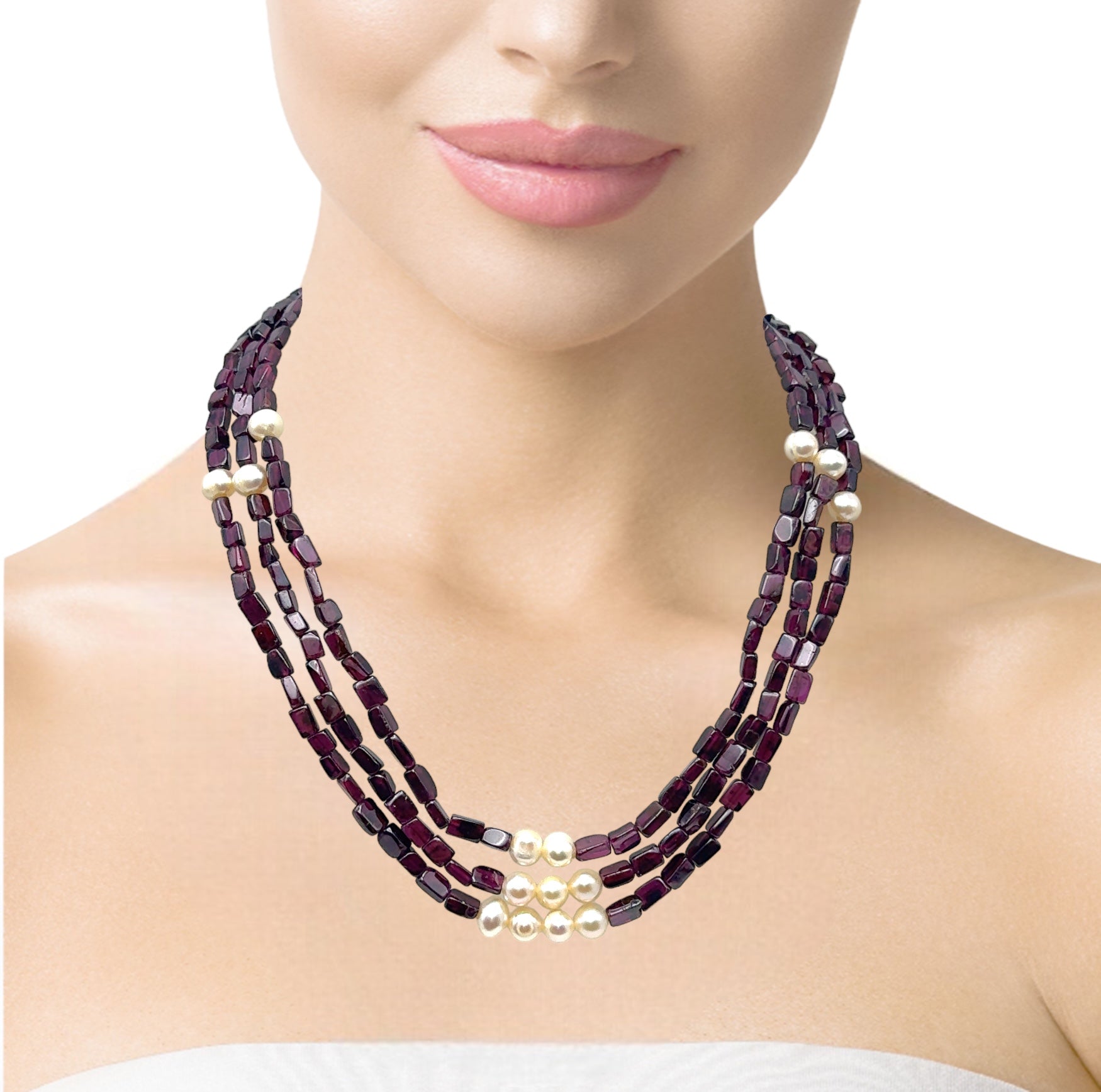 Natural Handmade Necklace 16-18inch Flat Rectangle Garnet Pearls Gem Beads Jewelry