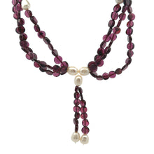 Natural Garnet Button 6mm & Plain Pearl Twisted Gemstone Necklace