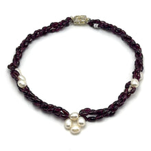 Natural Garnet Balloon & Plain Pearl Three Strand Gemstone Necklace