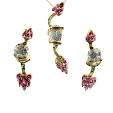 18K Yellow Gold Floral Vine Pendant Earring Natural Round Diamond & Multi Tourmaline Royal Lotus Design Jewellery Set