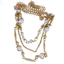 Three Layer Station Chain Gold Plated Fashion Necklace with Simulated Pearls – Elegant Layered Jewelry for Women
