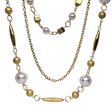 Three Layer Station Chain Gold Plated Fashion Necklace with Simulated Pearls – Elegant Layered Jewelry for Women