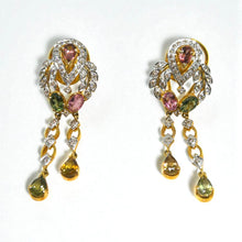 18K Yellow Gold Pendant Earring with Diamond & Multi Tourmaline Natural Gemstone Tassel Elegant Jewellery Set