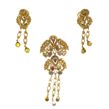 18K Yellow Gold Pendant Earring with Diamond & Multi Tourmaline Natural Gemstone Tassel Elegant Jewellery Set