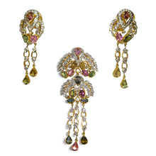 18K Yellow Gold Pendant Earring with Diamond & Multi Tourmaline Natural Gemstone Tassel Elegant Jewellery Set