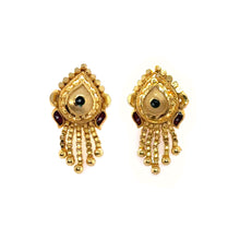 Teardrop Engraved Stud Gold Tone Earrings Pair with Red Detailing and Chain Drops Enamel Retro Jewellery