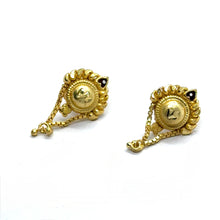 Ethnic Fan-Shaped Gold Tone Earrings with Sunburst Engraving & Heart Enamel Elegant Danglers
