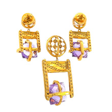 18K Yellow White Gold Pendant Earring Set With Natural Diamond & Amethyst Jewelry