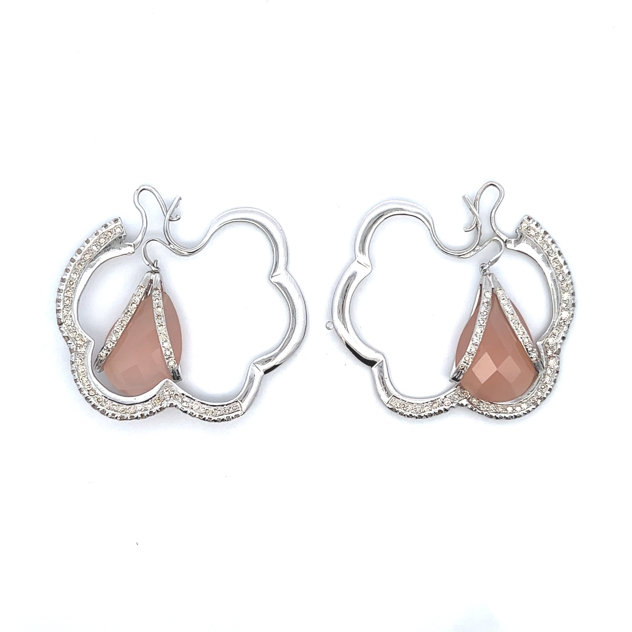 18K White Gold Diamond Pink Chalcedony Unique Flower Hoop Earring