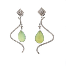 18K White Gold Swirl Earrings With Natural Diamond & Green Chalcedony