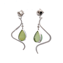 18K White Gold Swirl Earrings With Natural Diamond & Green Chalcedony