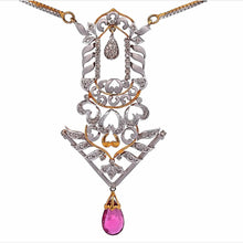 18K Gold Necklace Earring Bridal Jewelry Set Two-Tone Chain with Natural Rubellite Drops & Diamond - JEWELNJOY