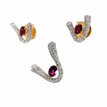 18K Two Tone Gold Pendant Earring Set with Natural Diamond & Rhodolite Horseshoe Design Jewelry