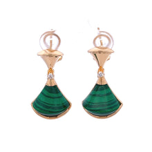 18K Rose Gold Earring with Natural Diamonds & Malachite Gemstone Fancy Big Fan Unique Jewelry - JEWELNJOY