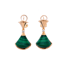18K Rose Gold Earring with Natural Diamonds & Malachite Gemstone Fancy Big Fan Unique Jewelry - JEWELNJOY