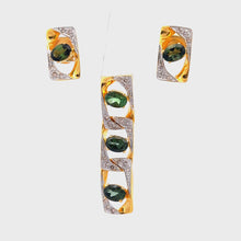 18K Two Tone Gold Natural Diamond & Green Tourmaline Pendant Earring Set Jewelry