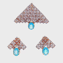 18K Two Tone Gold Natural Diamond & Swiss Blue Topaz Pendant Earring Set Jewelry