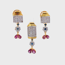 18K Two Tone Gold Pendant Earring With Natural Diamond & Pink Tourmaline Gemstone Jewelry Set