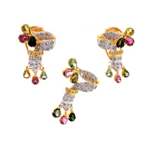 18K Two Tone Gold Natural Diamond & Multi Sapphire Pendant Earring Set Jewelry