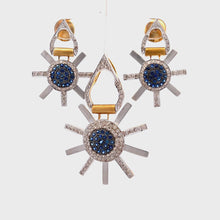 18K Two Tone Gold Pendant Earring Set with Natural Diamond & Blue Sapphire Precious Sun Rays Jewelry