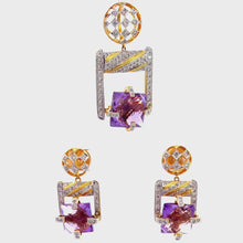 18K Yellow White Gold Pendant Earring Set With Natural Diamond & Amethyst Jewelry