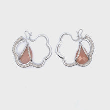 18K White Gold Diamond Pink Chalcedony Unique Flower Hoop Earring