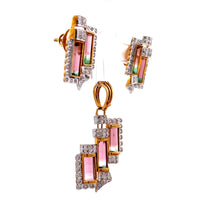 18K Yellow White Gold Pendant Earring Set with Natural Diamond & Bio Color Tourmaline Jewellery