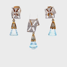 18K Two Tone Gold Pendant Earring Set with Natural Diamond & Swiss Blue Topaz Drops Gemstone Jewelry