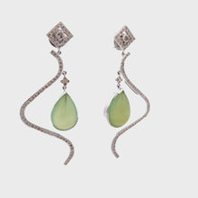 18K White Gold Swirl Earrings With Natural Diamond & Green Chalcedony