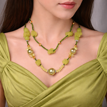 Artistic Multi-Layer Green Beaded Necklace with Simulated Pearls & Carved Floral Accents – Handcrafted Ethnic Jewelry