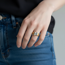 14K Yellow Gold Art Deco Ring | Natural Aquamarine & Diamond Flush-Set Band | Bold Contemporary Statement Design - Ring