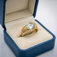 14K Yellow Gold Art Deco Ring | Natural Aquamarine & Diamond Flush-Set Band | Bold Contemporary Statement Design - Ring
