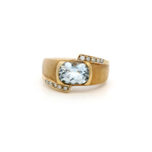 14K Yellow Gold Art Deco Ring | Natural Aquamarine & Diamond Flush-Set Band | Bold Contemporary Statement Design - Ring