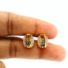 14K Yellow Gold Art Deco Stud Earrings | Natural Diamond & Multi-Sapphire | Channel-Set Geometric Design - Earrings