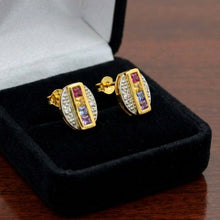 14K Yellow Gold Art Deco Stud Earrings | Natural Diamond & Multi-Sapphire | Channel-Set Geometric Design - Earrings