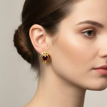 14K Yellow Gold Art Deco Stud Earrings | Natural Garnet & Diamond | Bezel-Set Two-Stone Geometric Design - Earrings