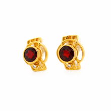 14K Yellow Gold Art Deco Stud Earrings | Natural Garnet & Diamond | Bezel-Set Two-Stone Geometric Design - Earrings