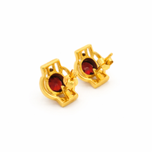 14K Yellow Gold Art Deco Stud Earrings | Natural Garnet & Diamond | Bezel-Set Two-Stone Geometric Design - Earrings