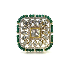 14K Yellow Gold Diamond Polki Emerald Ring – Mughal-Era Aesthetic with Precious Gemstone Accents - JEWELNJOY