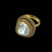 14K Yellow Gold Diamond Polki Ring – Triple Halo Layered Design in Timeless Ethnic Glamour - JEWELNJOY