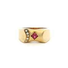 14K Yellow Gold Gypsy Ring | Natural Pink Tourmaline & Brilliant Diamond Accents | Vintage Flush-Set Band - Ring